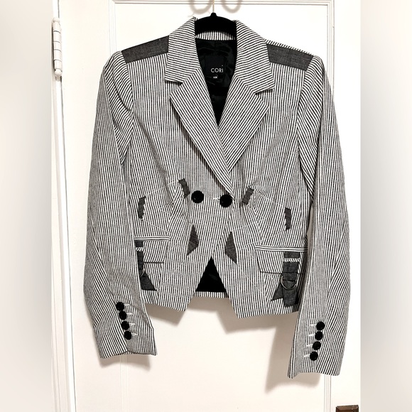 Women’s Linen Blazer in Gray and White Stripes - Picture 1 of 9